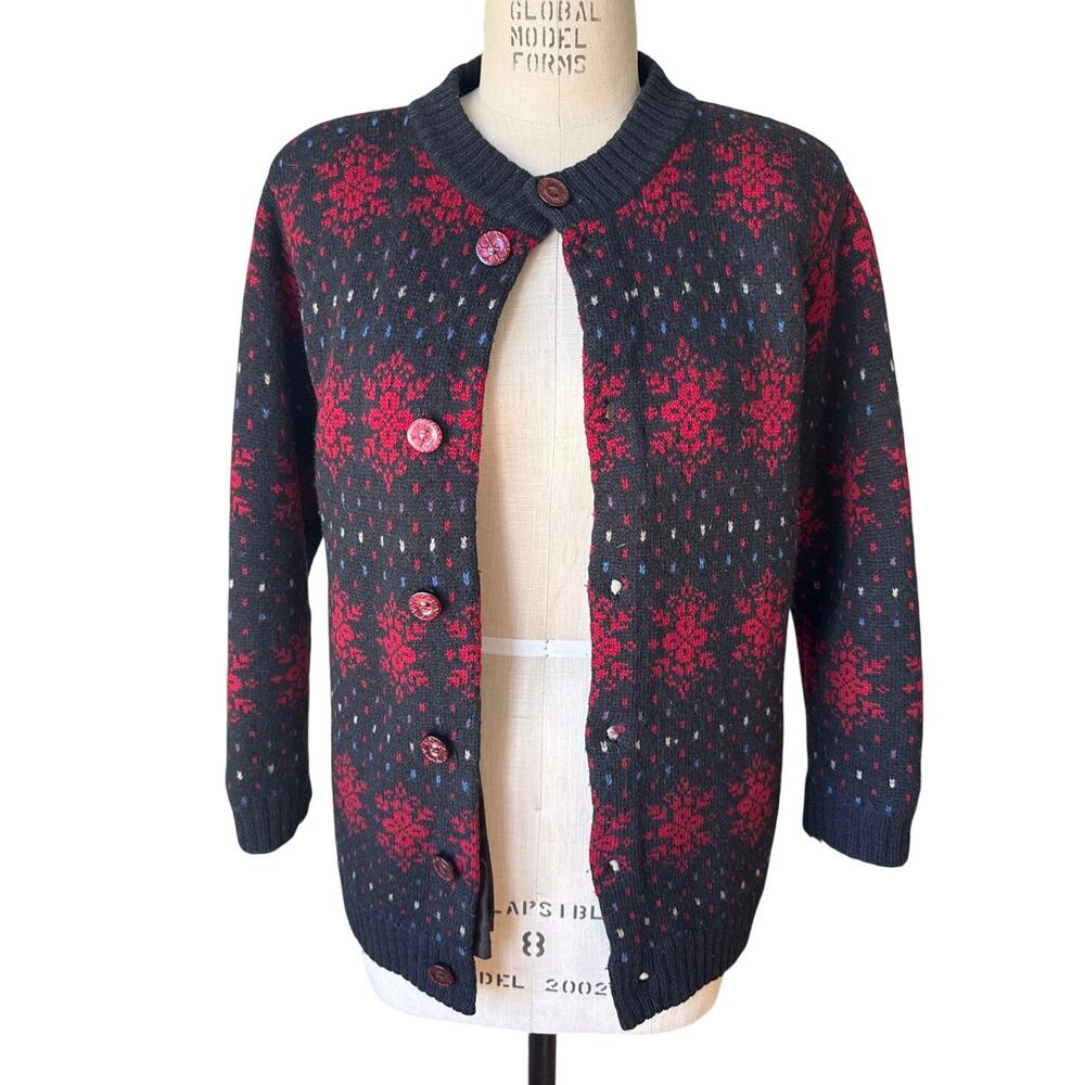 Vintage Wool Snowflake Cardigan Sweater Size Medium Large Winter Academia